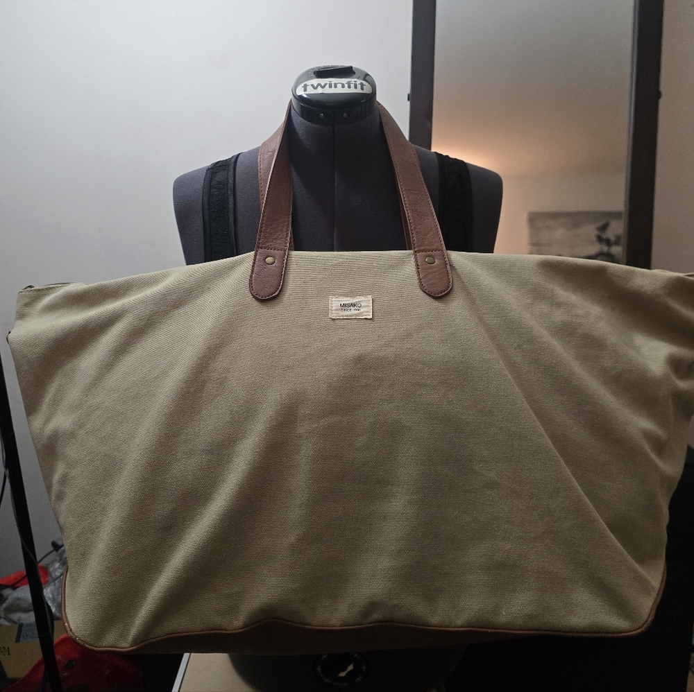 Cotton Canvas Oversized Weekender Travel Duffel with Brown Handles - Picture 2 of 11